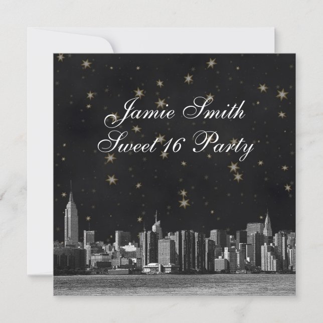 NYC Skyline #3 Black Gold Star Sweet 16 Einladung (Vorderseite)