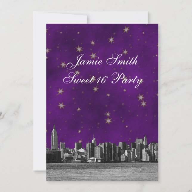 NYC Skyline #3 Lila Gold Star Sweet 16 V Einladung (Vorderseite)