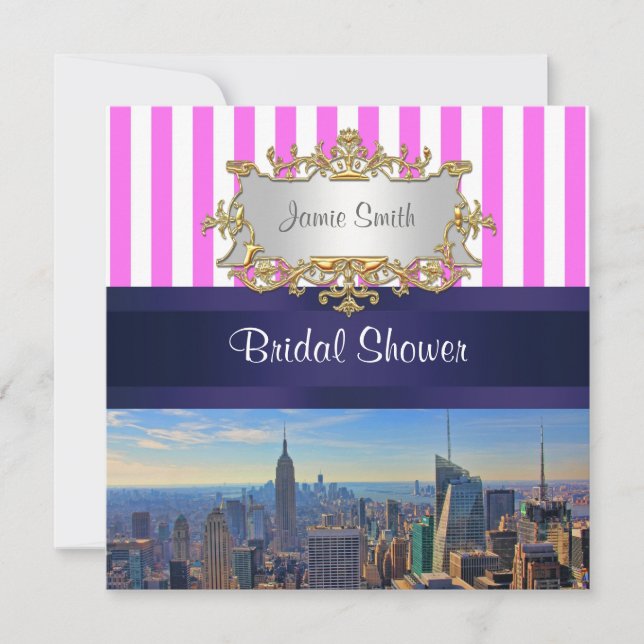 NYC Skyline B2 Pink White Strip Brautparty Einladung (Vorderseite)