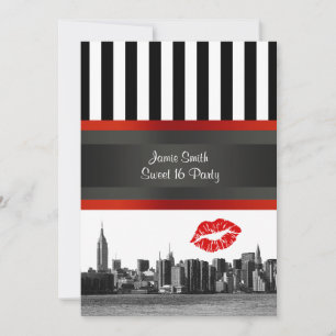 NYC Skyline Bk Wht Strp Roter Kuss Sweet 16 Party Einladung