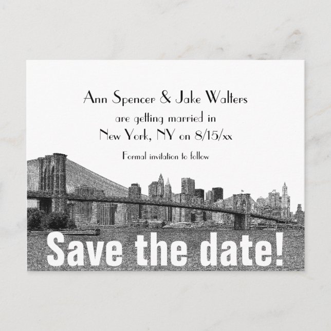 NYC Skyline Bklyn Bridge Save the Date Ankündigungspostkarte (Vorderseite)