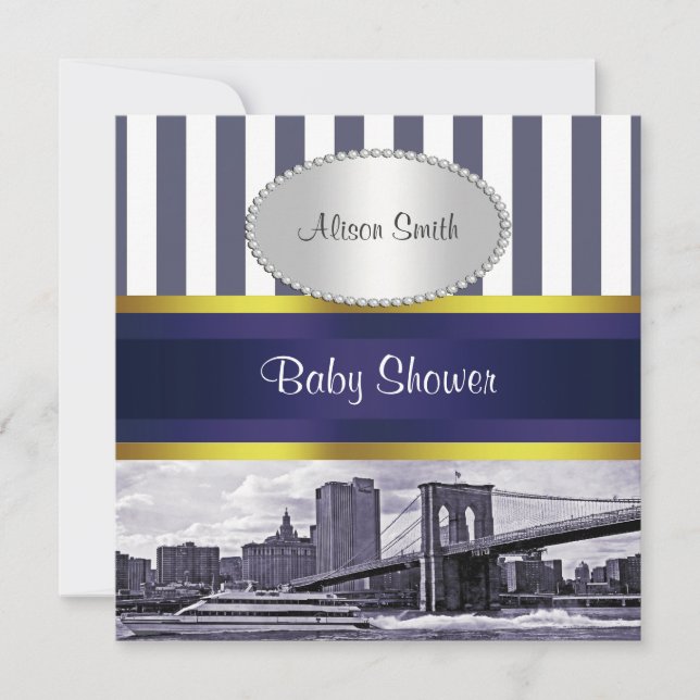 NYC Skyline Brooklyn Bridge Blue White Baby Dusche Einladung (Vorderseite)