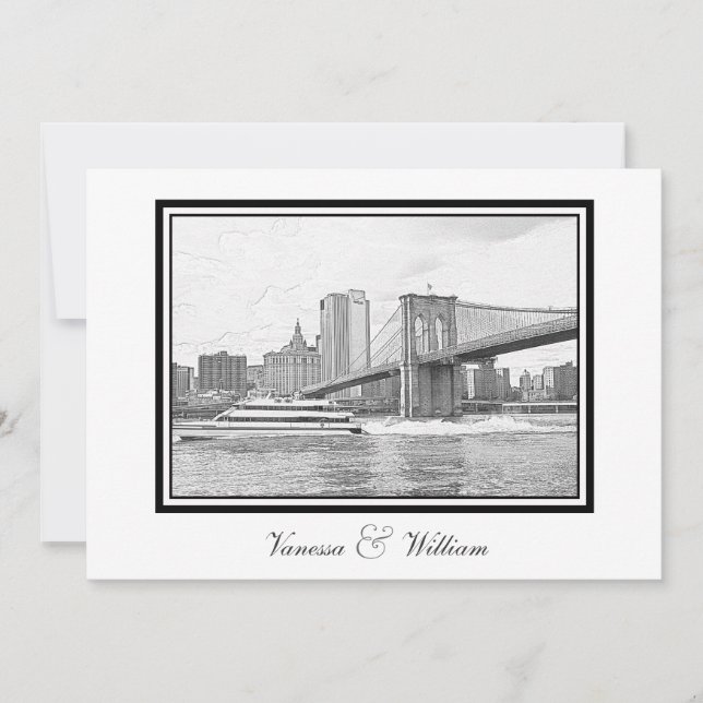 NYC Skyline Brooklyn Bridge Boat BW Etchd Wedding Einladung (Vorderseite)