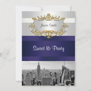 NYC Skyline BW 05 Weiß Navy Blau Sweet 16 Einladun Einladung