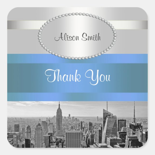 NYC Skyline BW 05 White Blue 2 Vielen Dank Quadratischer Aufkleber (Vorderseite)