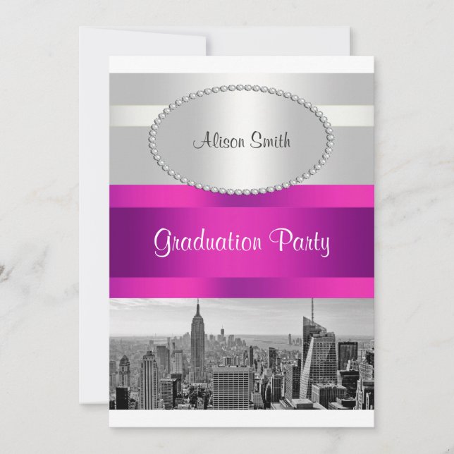 NYC Skyline BW 05 White Hot Pink Abschluss laden e Einladung (Vorderseite)