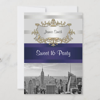 NYC Skyline BW 05 White Navy 2 Sweet 16 Einladung