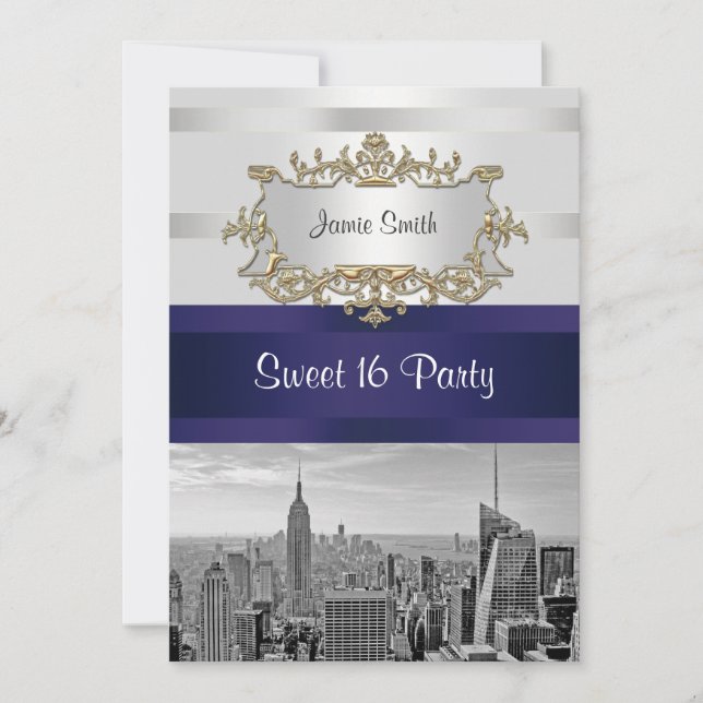 NYC Skyline BW 05 White Navy 2 Sweet 16 Einladung (Vorderseite)