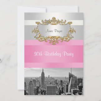 NYC Skyline BW 05 White, Pink Birthday Einladung