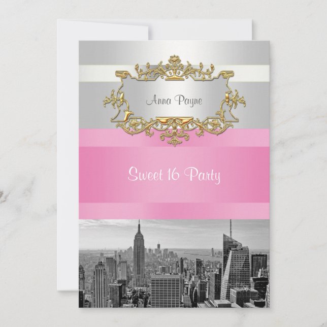NYC Skyline BW 05 White, Pink Sweet 16 Party Einladung (Vorderseite)