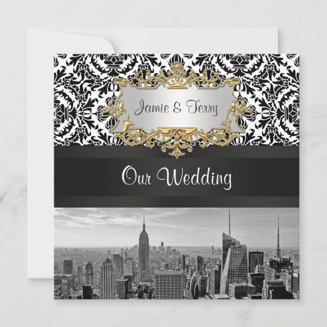NYC Skyline BW 431 Damask Wedding Invitation Einladung (Vorderseite)