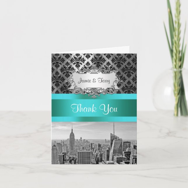 NYC Skyline Bw B3 Damask F2 Vielen Dank Hinweis Dankeskarte (Vorderseite)