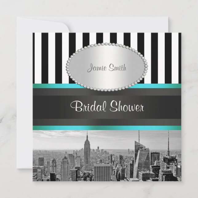 NYC Skyline BW Blk Whit Strp Aquamarin P Brautpart Einladung (Vorderseite)