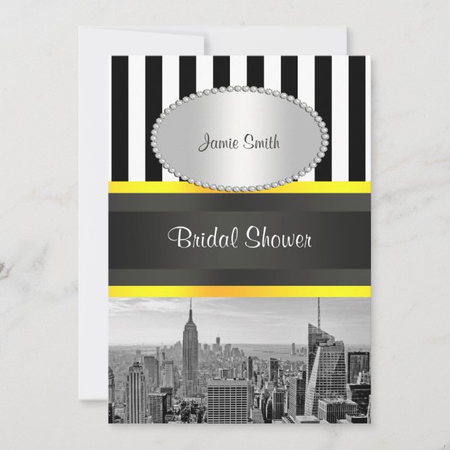 NYC Skyline BW Blk Whit Strp Yellow P Brautparty Einladung (Vorderseite)
