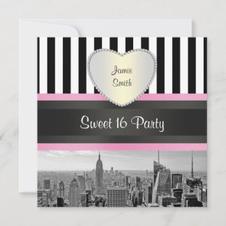 NYC Skyline BW Blk Wht Pink H Sweet 16 Party Einladung