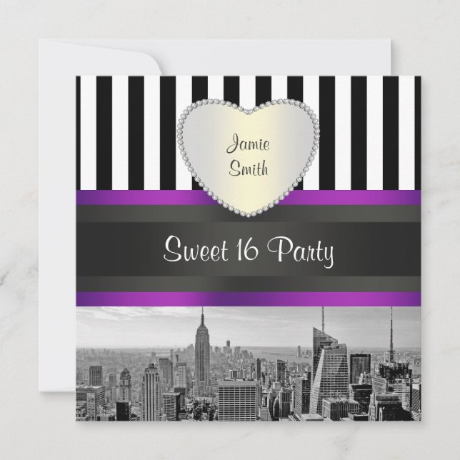 NYC Skyline BW Blk Wht Strip Purpl H Sweet 16 Part Einladung (Vorderseite)