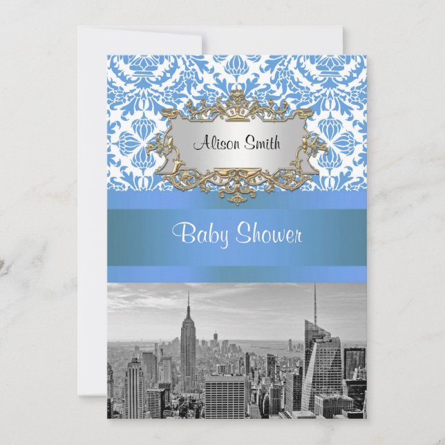 NYC Skyline BW D4 Damask Baby Showeinladung V Einladung (Vorderseite)