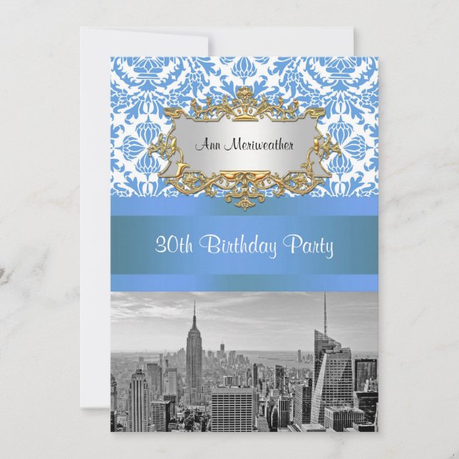 NYC Skyline BW D4 Damask Birthday Party V Einladung (Vorderseite)
