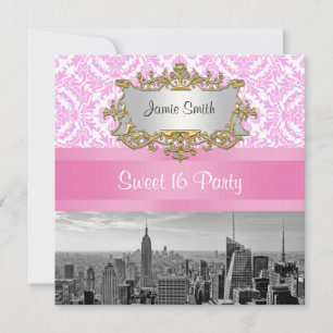 NYC-Skyline BW D4P Pink Damast Sweet 16 Party Einladung
