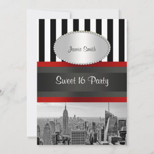NYC Skyline BW Schwarz Weiß Streifen 2P Sweet 16 Einladung