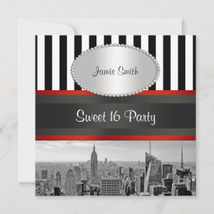 NYC Skyline BW Schwarz Weiß Streifen P Sweet 16 Pa Einladung