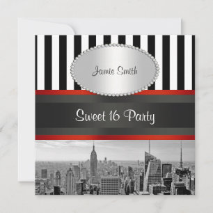 NYC Skyline BW Schwarz-weiß Stripe P Sweet 16 Part Einladung