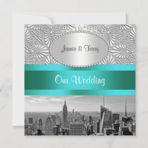 NYC Skyline BW Silver White Damask Hochzeit Einladung