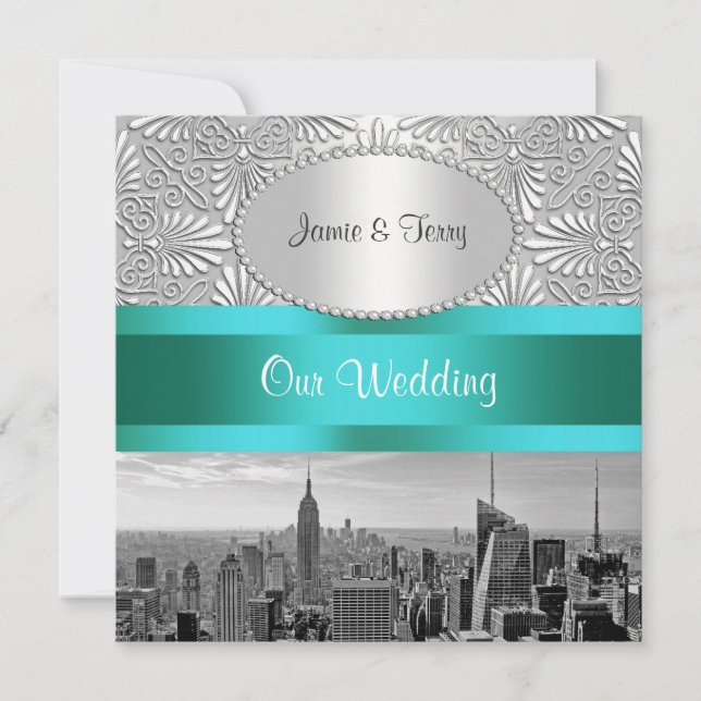 NYC Skyline BW Silver White Damask Wedding Einladung (Vorderseite)