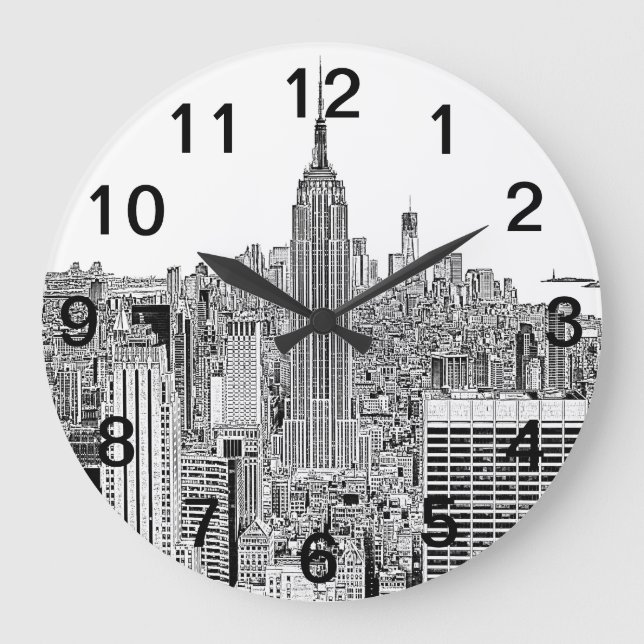 NYC Skyline - Empire State Building, Etched Look Große Wanduhr (Vorderseite)