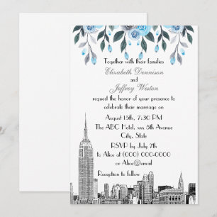 NYC-Skyline ESB-Ätzung Blau-Grau Floral-Hochzeit Einladung