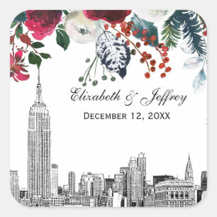 NYC-Skyline-ESB-Ätzung-Burgunder-Grün-Blumen-Aquar Quadratischer Aufkleber