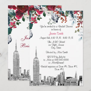 NYC-Skyline-ESB-Ätzung-Burgunder-Grün-Blumen-Braut Einladung