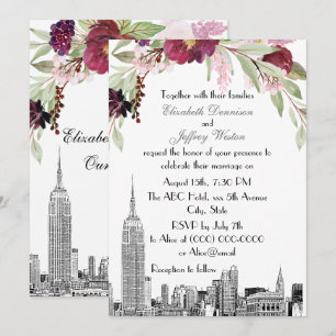 NYC-Skyline-ESB-Ätzung-Burgunder-Rosa-Blumen-Hochz Einladung