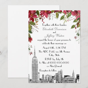 NYC-Skyline ESB-Ätzung Holly Poinsettia Hochzeit Einladung
