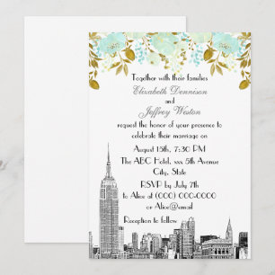 NYC-Skyline ESB-Ätzung Mint Gold Floral Hochzeit Einladung
