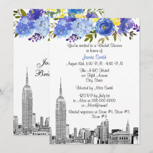 NYC Skyline ESB Etch Blue Yel Floral Brautparty Einladung