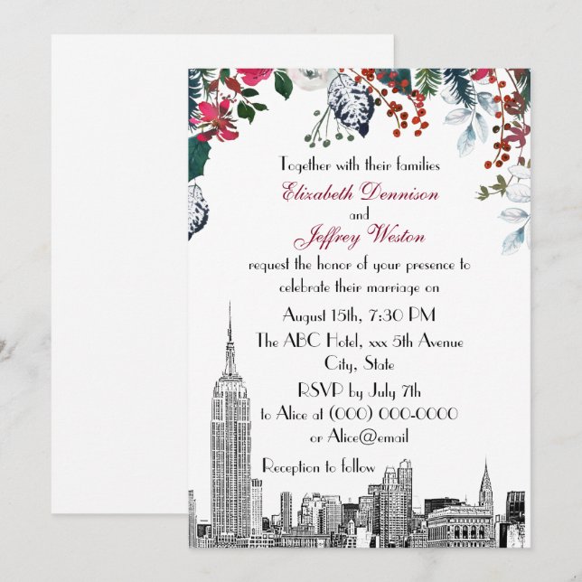 NYC Skyline ESB Etch Burg Blu Green Floral Wedding Einladung (Vorne/Hinten)
