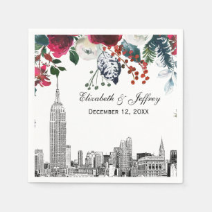 NYC Skyline ESB Etch Burgundy Grn Floral Watercole Serviette