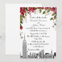 NYC Skyline ESB Etch Holly Poinsettia Wedding Einladung