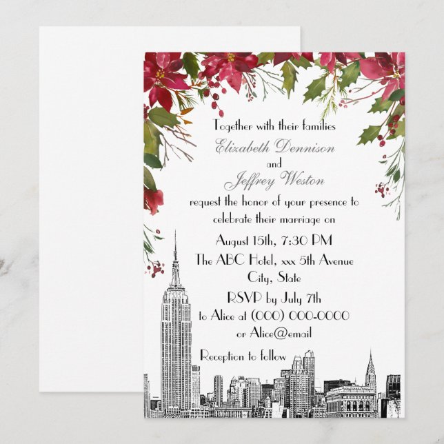 NYC Skyline ESB Etch Holly Poinsettia Wedding Einladung (Vorne/Hinten)