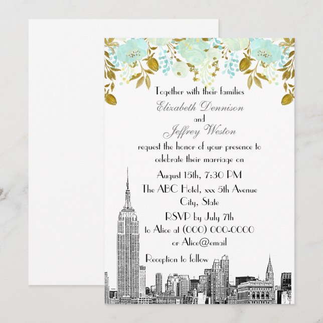 NYC Skyline ESB Etch Mint Gold Floral Wedding Einladung (Vorne/Hinten)