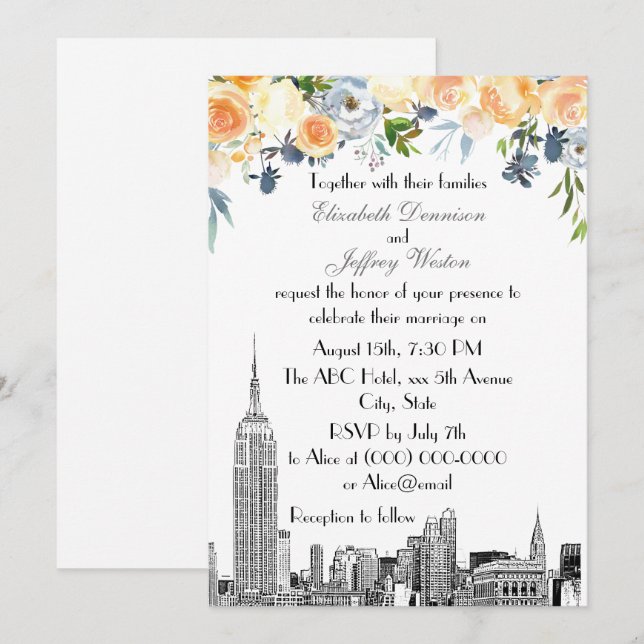 NYC Skyline ESB Etch Peach Blues Floral Wedding Einladung (Vorne/Hinten)