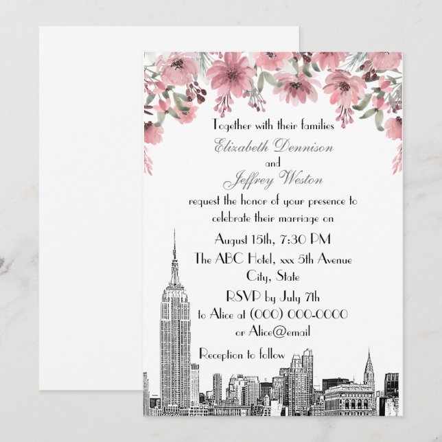 NYC Skyline ESB Etch Pink Floral Wedding Einladung (Vorne/Hinten)