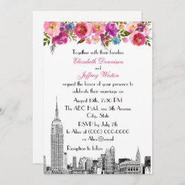 NYC Skyline ESB Etch Spring Pink Floral Wedding Einladung