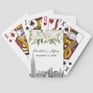 NYC-Skyline ESB Weiße Blumen-Aquarell-Hochzeit Spielkarten