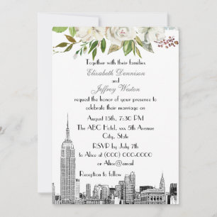 NYC Skyline ESB White Floral Watercolor Wedding #2 Einladung