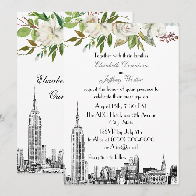 NYC Skyline ESB White Floral Watercolor Wedding Einladung (Vorne/Hinten)