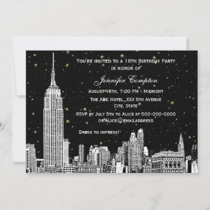 NYC Skyline Etch Starry DIY BG Farbe SQ Sweet 16 H Einladung