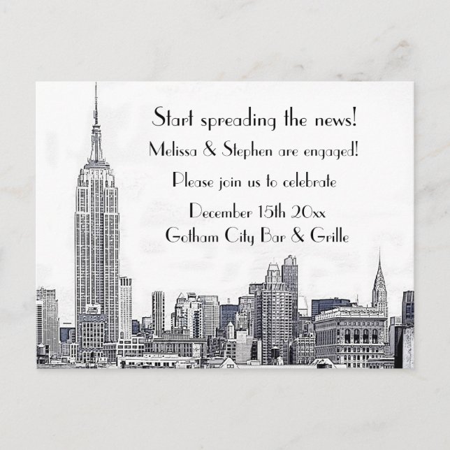 NYC Skyline Etched 01 Engagement Party #2 Einladungspostkarte (Vorderseite)