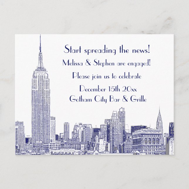NYC Skyline Etched 01 Engagement Party Blue Einladungspostkarte (Vorderseite)